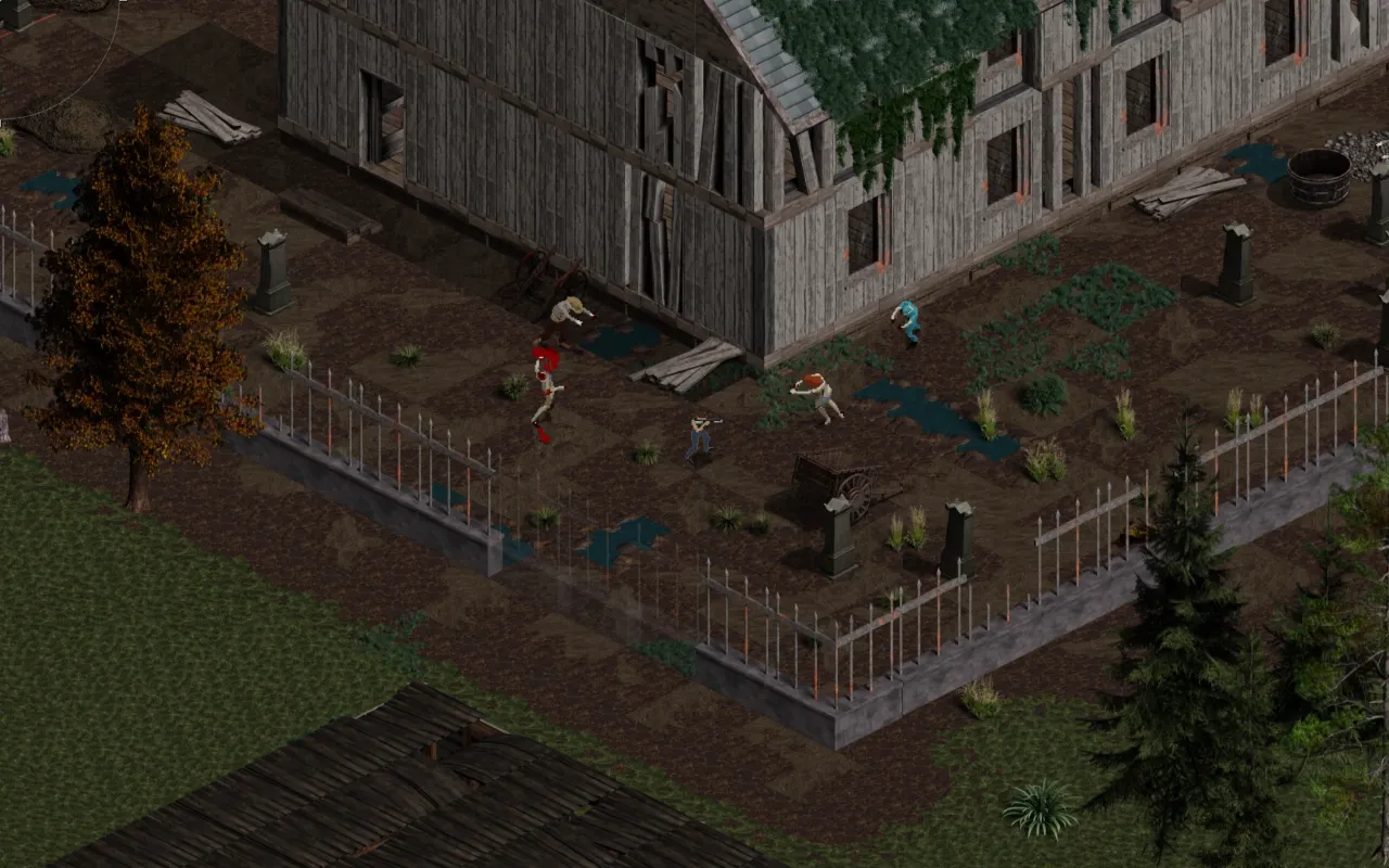 A farmhouse behind an iron fence, infected in the yard